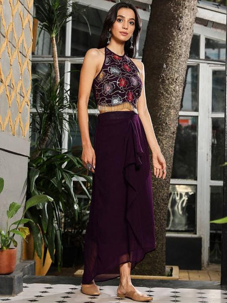 Floral Embroidered Crop Top Skirt Dupatta Set, Women's Indo Western Outfit VitansEthnics