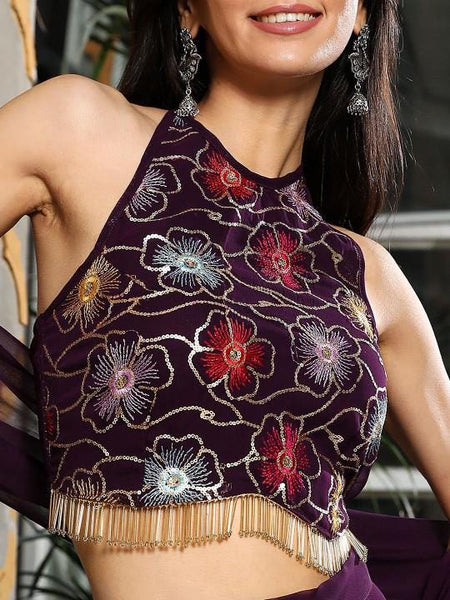 Floral Embroidered Crop Top Skirt Dupatta Set, Women's Indo Western Outfit VitansEthnics