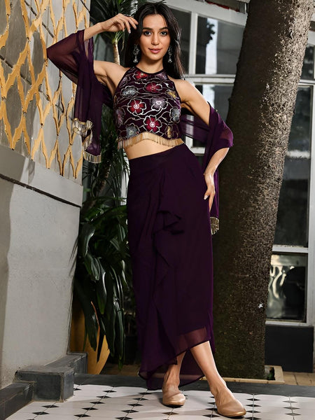 Floral Embroidered Crop Top Skirt Dupatta Set, Women's Indo Western Outfit VitansEthnics