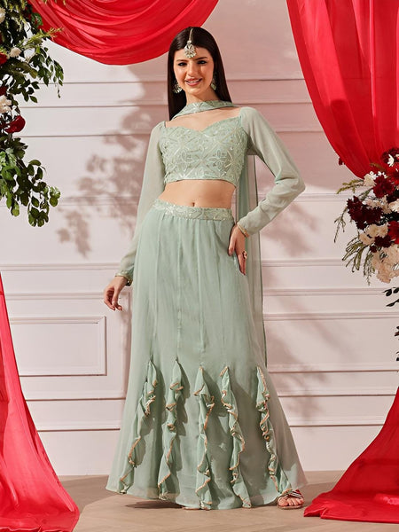Embellished Indian Lehenga Choli Crop Top Skirt Dupatta Set, Indo Western Outfit VitansEthnics