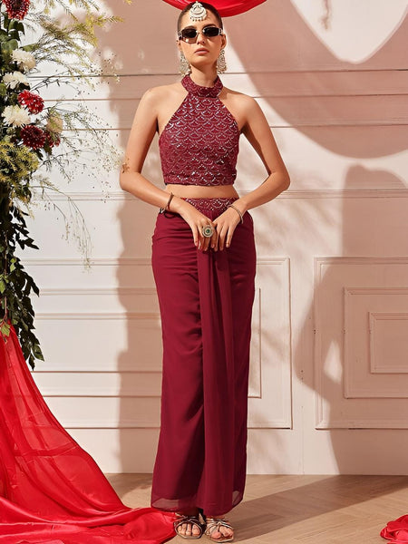 Embellished Indian Lehenga Choli, Halter Neck Crop Top Skirt Coord Set, Indo Western Outfit VitansEthnics