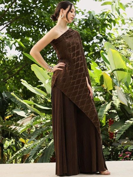 One Shoulder Neck Top With Trousers Co-Ords Set For Women, Indian Top with Palazzo Set, Ethnic Indo Western Outfit, Fusion Coords Set VitansEthnics