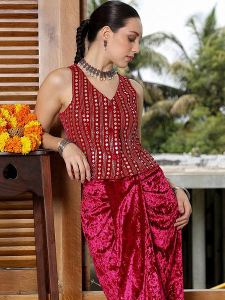 Embellished Waistcoat With Skirt Co-Ords Set For Women, Indian Top with Dhoti Skirt Set, Ethnic Indo Western Outfit, Fusion Coords VitansEthnics