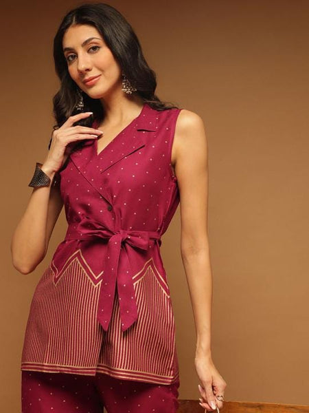 Indian Printed Top With Trousers With Belt Co-Ords Set, Indo Western Outfit Set For Women, Fusion Outfit Set VitansEthnics