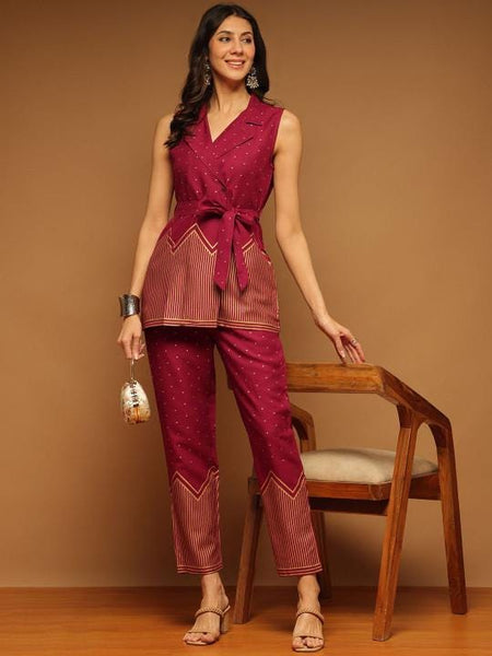 Indian Printed Top With Trousers With Belt Co-Ords Set, Indo Western Outfit Set For Women, Fusion Outfit Set VitansEthnics