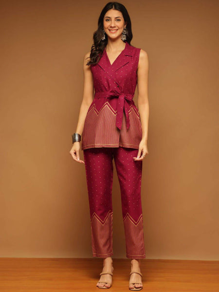 Indian Printed Top With Trousers With Belt Co-Ords Set, Indo Western Outfit Set For Women, Fusion Outfit Set VitansEthnics