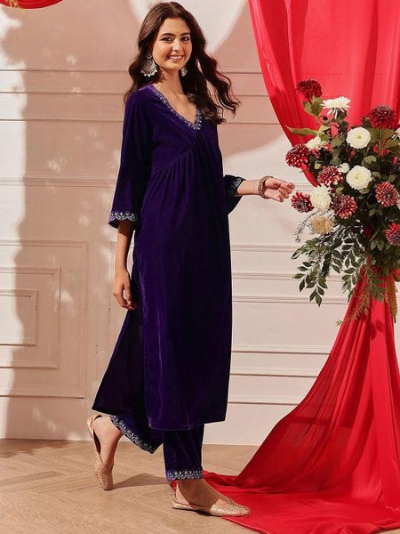 Thread Work Velvet Kurta with Palazzos For Women, Tunic With Palazzo, Indian Dress, Party Wear Indo Western Outfit, Kurti Set VitansEthnics