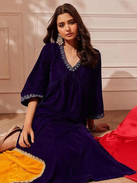 Thread Work Velvet Kurta with Palazzos For Women, Tunic With Palazzo, Indian Dress, Party Wear Indo Western Outfit, Kurti Set VitansEthnics