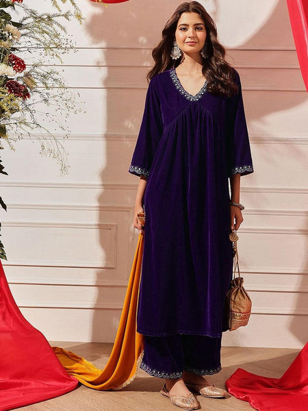 Thread Work Velvet Kurta with Palazzos For Women, Tunic With Palazzo, Indian Dress, Party Wear Indo Western Outfit, Kurti Set VitansEthnics