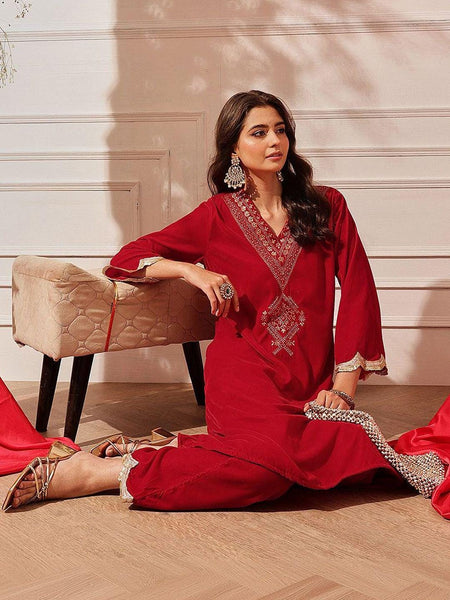 Ethnic Motifs Embroidered Thread Work Velvet Kurta with Trousers For Women, Indian Dress, Party Wear Indo Western Outfit, Kurti Set VitansEthnics