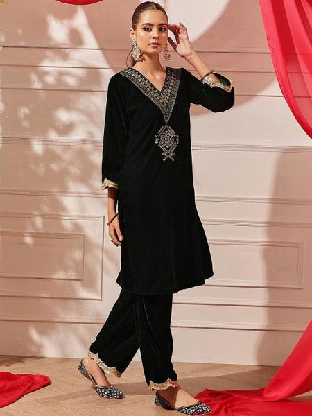 Ethnic Motifs Embroidered Thread Work Velvet Kurta with Trousers For Women, Indian Dress, Party Wear Indo Western Outfit, Kurti Set VitansEthnics