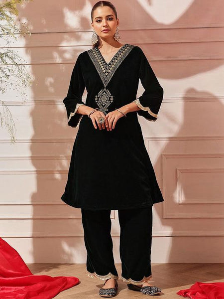 Ethnic Motifs Embroidered Thread Work Velvet Kurta with Trousers For Women, Indian Dress, Party Wear Indo Western Outfit, Kurti Set VitansEthnics