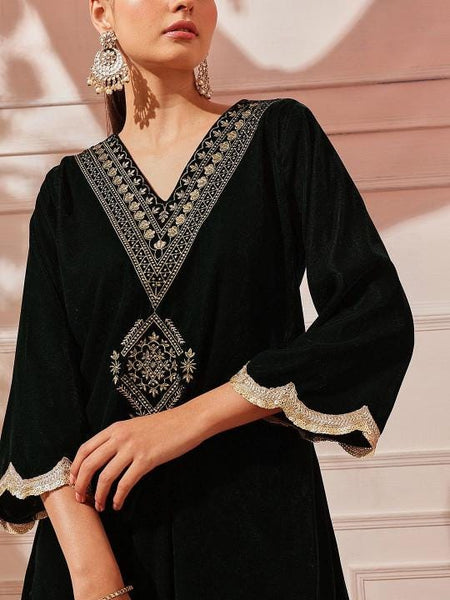 Ethnic Motifs Embroidered Thread Work Velvet Kurta with Trousers For Women, Indian Dress, Party Wear Indo Western Outfit, Kurti Set VitansEthnics
