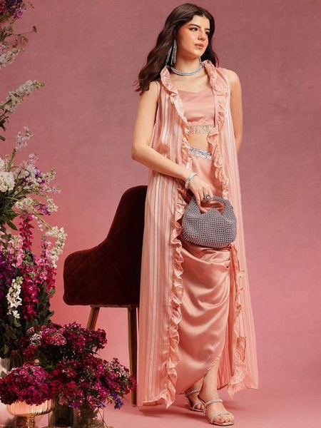Pink Crop Top With Skirt and Ruffled Shrug Set for Women Coord Set Festival Outfit Ethnic Indian Dress Wedding Guest Indo Western Outfit VitansEthnics