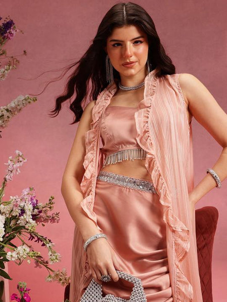 Pink Crop Top With Skirt and Ruffled Shrug Set for Women Coord Set Festival Outfit Ethnic Indian Dress Wedding Guest Indo Western Outfit VitansEthnics