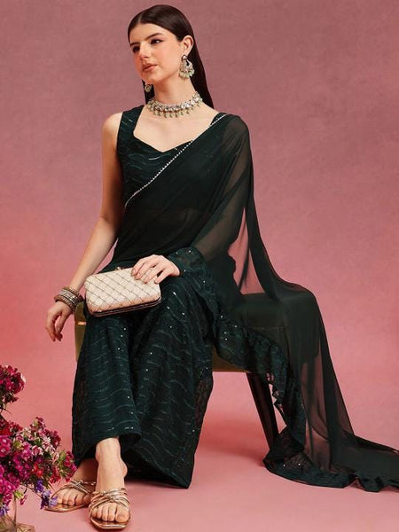 Ready to Wear Pre Drapped Saree With Stitched Blouse, Sequinned Blouse With Palazzo Saree Co-ord Set, Ethnic Indo Western Fusion Outfit VitansEthnics