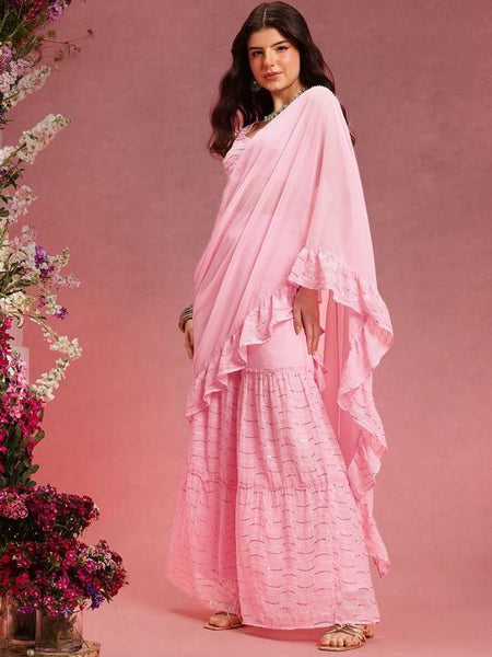 Ready to Wear Pre Drapped Saree With Stitched Blouse, Sequinned Blouse With Palazzo Saree Co-ord Set, Ethnic Indo Western Fusion Outfit VitansEthnics