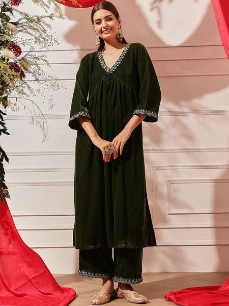 Thread Work Velvet Kurta with Palazzos For Women, Tunic With Palazzo, Indian Dress, Party Wear Indo Western Outfit, Kurti Set VitansEthnics