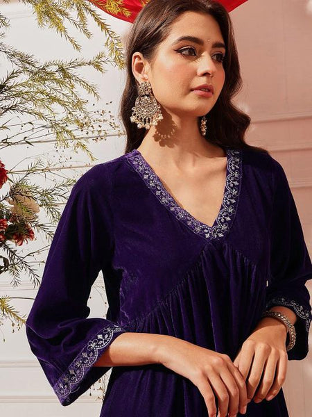 Thread Work Velvet Kurta with Palazzos For Women, Tunic With Palazzo, Indian Dress, Party Wear Indo Western Outfit, Kurti Set VitansEthnics