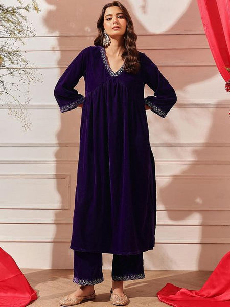 Thread Work Velvet Kurta with Palazzos For Women, Tunic With Palazzo, Indian Dress, Party Wear Indo Western Outfit, Kurti Set VitansEthnics