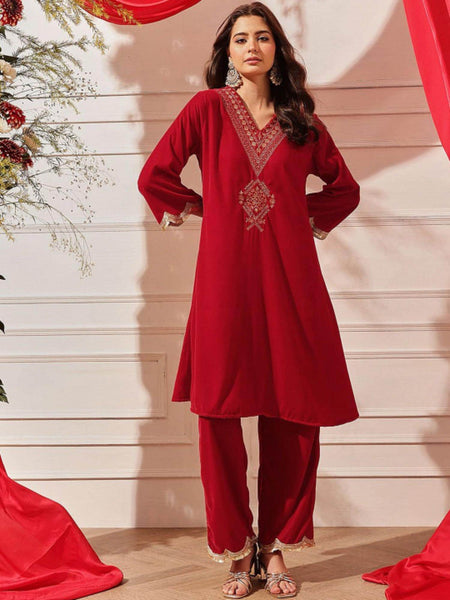 Ethnic Motifs Embroidered Thread Work Velvet Kurta with Trousers For Women, Indian Dress, Party Wear Indo Western Outfit, Kurti Set VitansEthnics