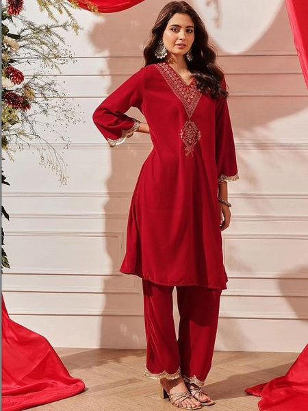 Ethnic Motifs Embroidered Thread Work Velvet Kurta with Trousers For Women, Indian Dress, Party Wear Indo Western Outfit, Kurti Set VitansEthnics