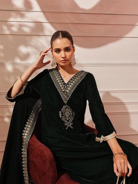 Ethnic Motifs Embroidered Thread Work Velvet Kurta with Trousers For Women, Indian Dress, Party Wear Indo Western Outfit, Kurti Set VitansEthnics