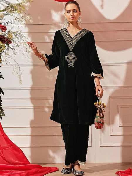 Ethnic Motifs Embroidered Thread Work Velvet Kurta with Trousers For Women, Indian Dress, Party Wear Indo Western Outfit, Kurti Set VitansEthnics