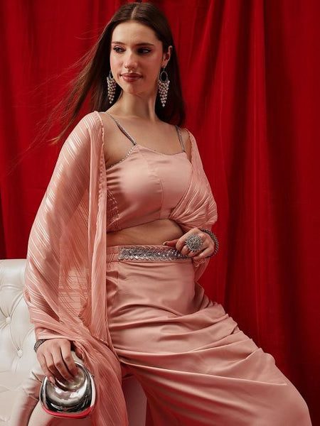 Peach Embellished Shoulder Straps Top & Skirt Co-Ords Set for Women Festival Outfit Wedding Guest Indo Western Fusion Outfit VitansEthnics