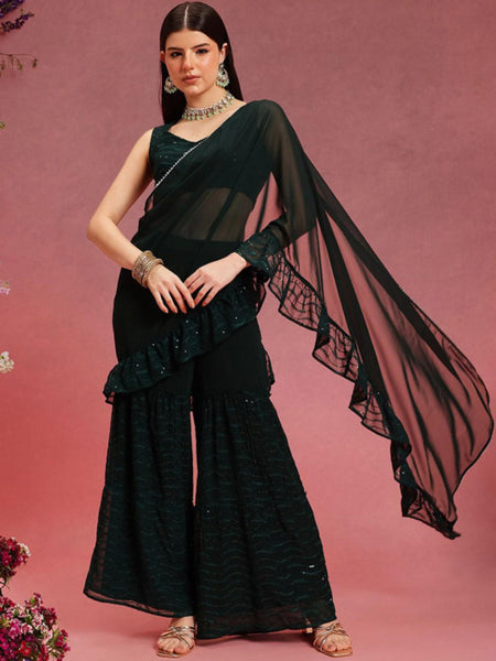 Ready to Wear Pre Drapped Saree With Stitched Blouse, Sequinned Blouse With Palazzo Saree Co-ord Set, Ethnic Indo Western Fusion Outfit VitansEthnics