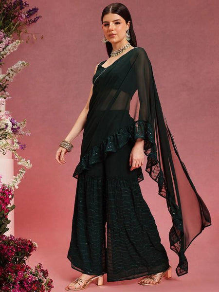 Ready to Wear Pre Drapped Saree With Stitched Blouse, Sequinned Blouse With Palazzo Saree Co-ord Set, Ethnic Indo Western Fusion Outfit VitansEthnics