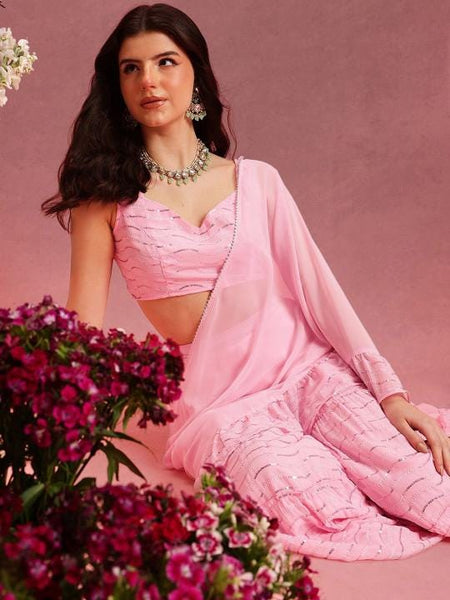 Ready to Wear Pre Drapped Saree With Stitched Blouse, Sequinned Blouse With Palazzo Saree Co-ord Set, Ethnic Indo Western Fusion Outfit VitansEthnics