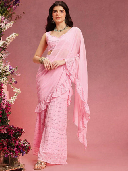 Ready to Wear Pre Drapped Saree With Stitched Blouse, Sequinned Blouse With Palazzo Saree Co-ord Set, Ethnic Indo Western Fusion Outfit VitansEthnics