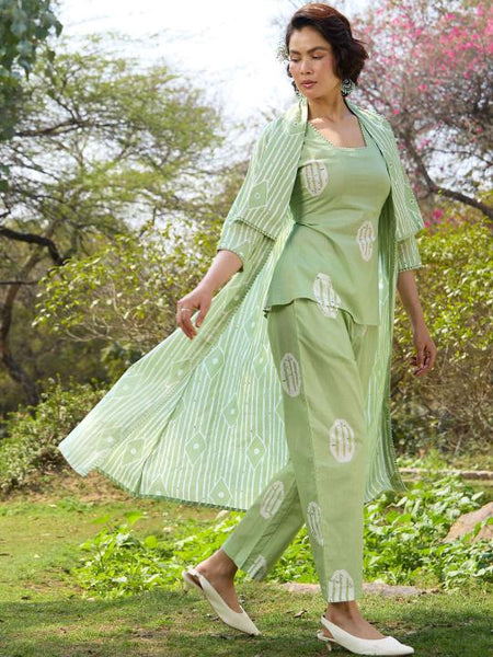 Printed Pure Cotton Tunic with Trousers & Shrug Co-Ords Set For Women, Indo Western Outfit, Ethnic Indian Dress VitansEthnics