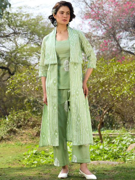 Printed Pure Cotton Tunic with Trousers & Shrug Co-Ords Set For Women, Indo Western Outfit, Ethnic Indian Dress VitansEthnics