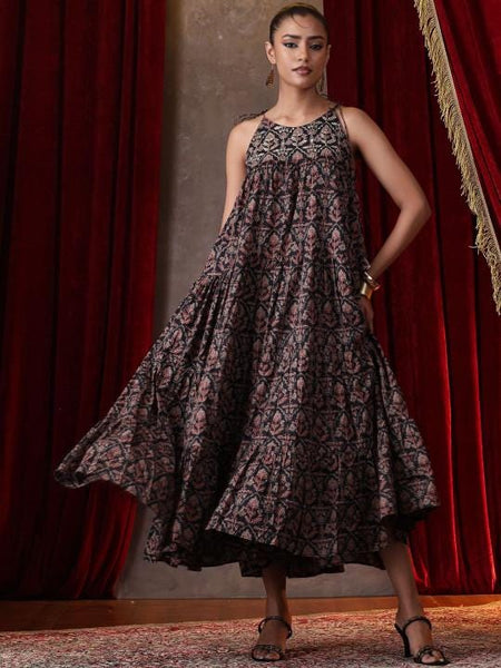 Ethnic Motifs Print Halter Neck A-Line Maxi Dress For Women, Sleeveless Indian Dress, Fusion Wedding Guest Indo Western Outfit VitansEthnics
