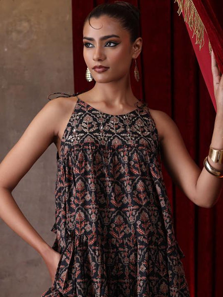 Ethnic Motifs Print Halter Neck A-Line Maxi Dress For Women, Sleeveless Indian Dress, Fusion Wedding Guest Indo Western Outfit VitansEthnics