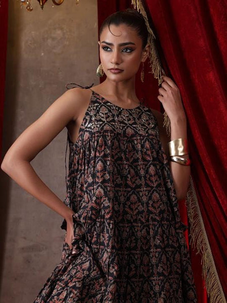 Ethnic Motifs Print Halter Neck A-Line Maxi Dress For Women, Sleeveless Indian Dress, Fusion Wedding Guest Indo Western Outfit VitansEthnics