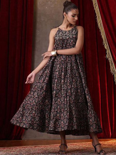 Ethnic Motifs Print Halter Neck A-Line Maxi Dress For Women, Sleeveless Indian Dress, Fusion Wedding Guest Indo Western Outfit VitansEthnics
