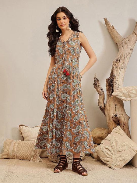 Ikat Print Fit & Flare Maxi Dress For Women, Indian Dress For Women, Indian Gown, Sleeveless A-Line Dress For Women VitansEthnics