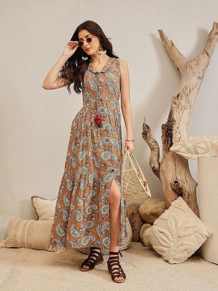 Ikat Print Fit & Flare Maxi Dress For Women, Indian Dress For Women, Indian Gown, Sleeveless A-Line Dress For Women VitansEthnics