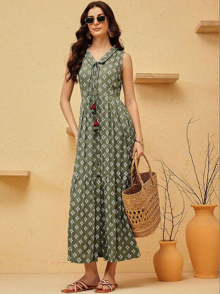 Ikat Print Fit & Flare Maxi Dress For Women, Indian Dress For Women, Indian Gown, Sleeveless A-Line Dress For Women VitansEthnics