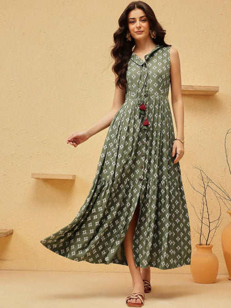 Ikat Print Fit & Flare Maxi Dress For Women, Indian Dress For Women, Indian Gown, Sleeveless A-Line Dress For Women VitansEthnics