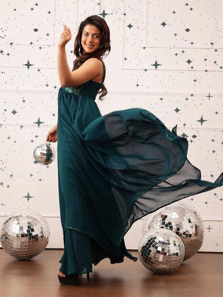Embellished Georgette Fit & Flare Maxi Dress For Women, Indian Dress For Women, Indian Gown, Sleeveless Maxi Dress For Women VitansEthnics