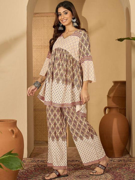 Printed V-Neck Tunic & Trousers Co-Ords Set For Women, Wedding Guest Outfit, Indian Co-Ords Set, Indo Western Dress VitansEthnics
