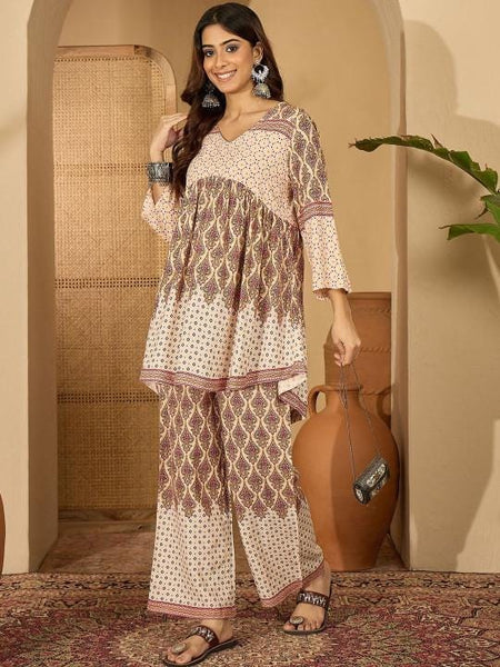 Printed V-Neck Tunic & Trousers Co-Ords Set For Women, Wedding Guest Outfit, Indian Co-Ords Set, Indo Western Dress VitansEthnics