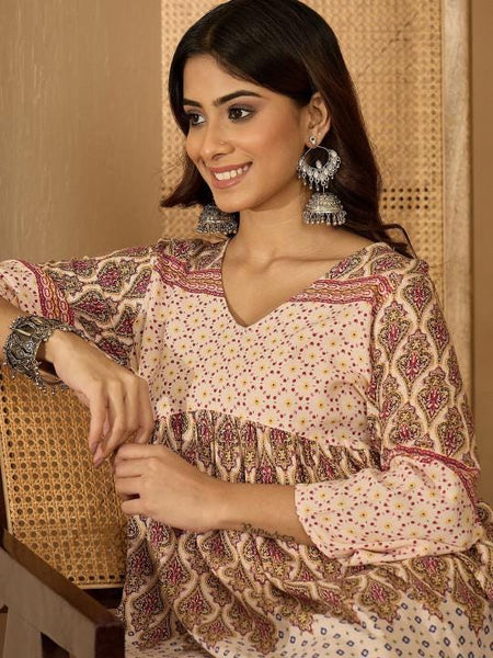 Printed V-Neck Tunic & Trousers Co-Ords Set For Women, Wedding Guest Outfit, Indian Co-Ords Set, Indo Western Dress VitansEthnics