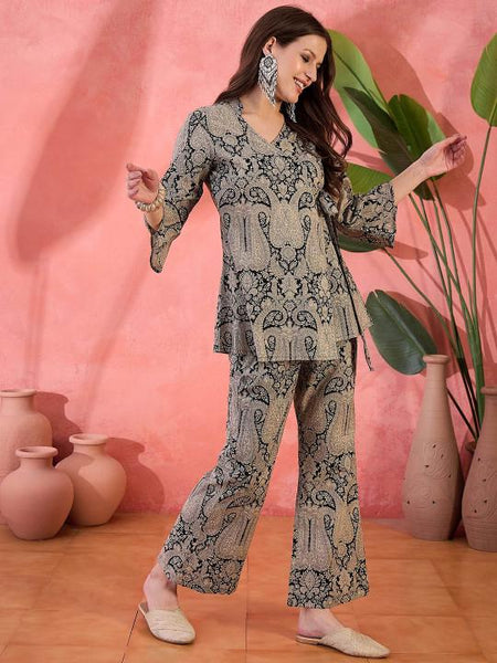 Floral Printed Pure Cotton Tunic With Trousers Co-Ords Set For Women, Wedding Guest Outfit, Indian Co-Ords Set, Indo Western Dress VitansEthnics