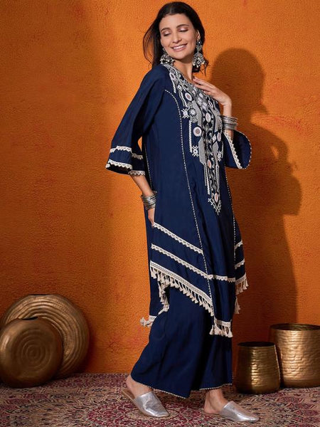 Floral Embroidered Mirror Work A-Line Kurta with Palazzo Co-Ords Set For Women, Wedding Guest Outfit, Indian Co-Ords Set, Indo Western Dress VitansEthnics