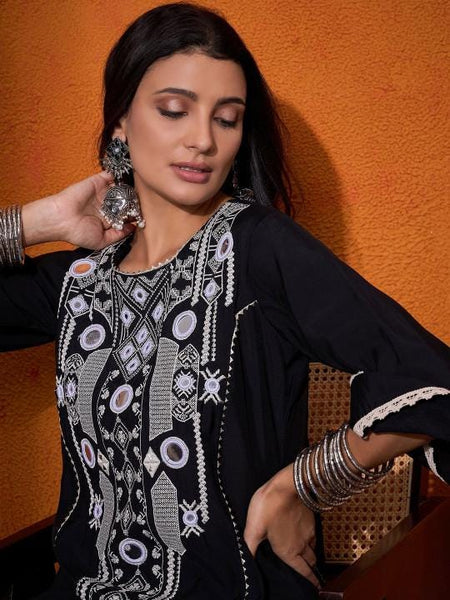 Floral Embroidered Mirror Work A-Line Kurta with Palazzo Co-Ords Set For Women, Wedding Guest Outfit, Indian Co-Ords Set, Indo Western Dress VitansEthnics